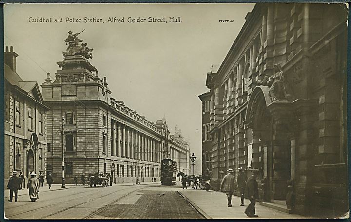 Hull, Guildhall og Politistation på Alfred Gelder Street med sporvogn. W.H.S.& S.H. Humber series no. 74249.