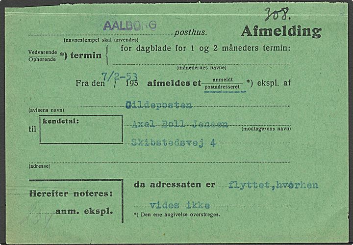 Avissag formular M.10 (2-52 A6) med aftryk af det sjældne brotype IIc stempel Aalborg * d. 7.2.1953. Stemplet hidtil kun registreret i nov. 1936.