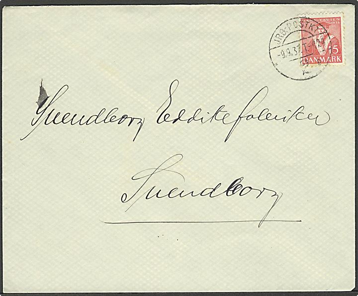 15 øre Tavsen på brev annulleret med reserve bureau-stempel (R.19) Jrb.-Postkt 2 sn9 T.424 d. 9.9.1937 til Svendborg. Reservestempel benyttet på strækningen Sønderborg - Tønder.