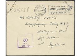 Ufrankeret interneret forsendelse fra København d. 20.1. 1945 til dansk politimand Axel Niels Højer i Stalag IVB i Mühlberg, Tyskland, eftersendt til Stalag IVG i Oschatz. Violet lejrcensur. Pænt brev.
