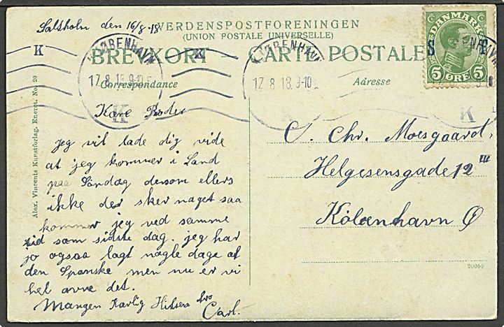 5 øre Soldaterfrimærke på brevkort dateret Saltholm d. 16.8.1918 og stemplet Kjøbenhavn d. 17.8.1918 til København. Sjælden anvendelse ved den lille militær forlægning på øen Saltholm i Øresund.