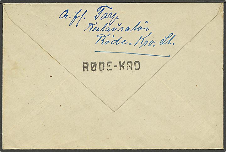 20 øre Chr. X på brev annulleret med brotype IIb stempel Røde Kro sn2 d. 20.11.1920 til Vojens. På bagsiden sort liniestempel: RØDE-KRO.