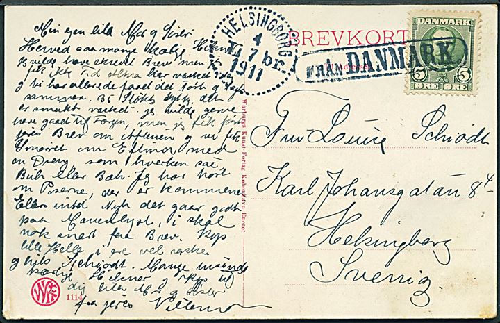 5 øre Fr. VIII på brevkort (Kronborg Fyr) annulleret med svensk skibsstempel Från Danmark og sidestemplet Helsingborg d. 4.7.1911 til Helsingborg, Sverige.