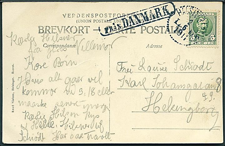 5 øre Fr. VIII på brevkort (Espergærde) annulleret med svensk stempel i Helsingborg d. 10.9.1907 og sidestemplet Från Danmark til Olympia, Sverige.