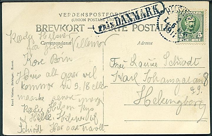 5 øre Fr. VIII på brevkort (Marienlyst slot) annulleret med svensk stempel i Helsingborg d. 2.6.1911 og sidestemplet Från Danmark til Helsingborg, Sverige.