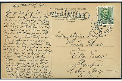 5 øre Fr. VIII på brevkort annulleret med svensk stempel i Helsingborg d. 19.3.1908 og sidestemplet Från Danmark til Helsingborg, Sverige.
