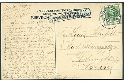 5 øre Fr. VIII på brevkort (Marienborg) annulleret med svensk stempel i Helsingborg d. 18.1.1912 og sidestemplet Från Danmark til Helsingborg, Sverige.
