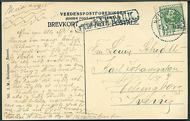 5 øre Fr. VIII på brevkort (Marienborg) annulleret med svensk stempel i Helsingborg d. 18.1.1912 og sidestemplet Från Danmark til Helsingborg, Sverige.
