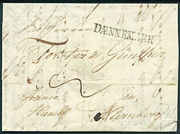 1802. Francobrev med fuldt indhold dateret Kjøbenhavn d. 3.7.1802 påskrevet Franco Hambg. til Nürnberg. Liniestempel: DÆNNEMARK.