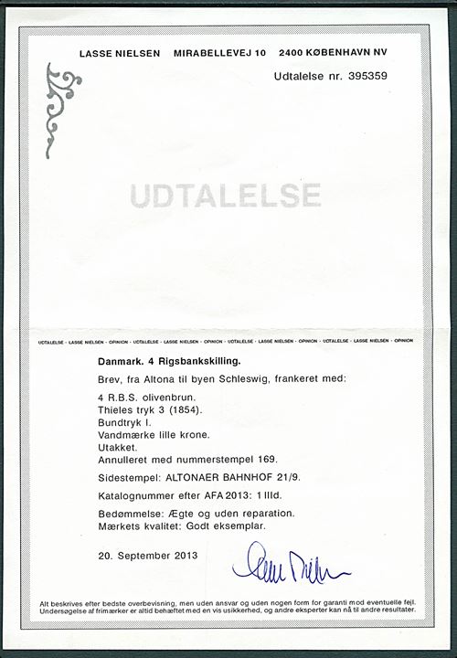 4 R.B.S. Thiele III olivenbrun på brev annulleret med nr.stempel 169 og sidestemplet antiqua Altonaer Bahnhof d. 21.9.1855 til Kiel. Udtalelse Nielsen.