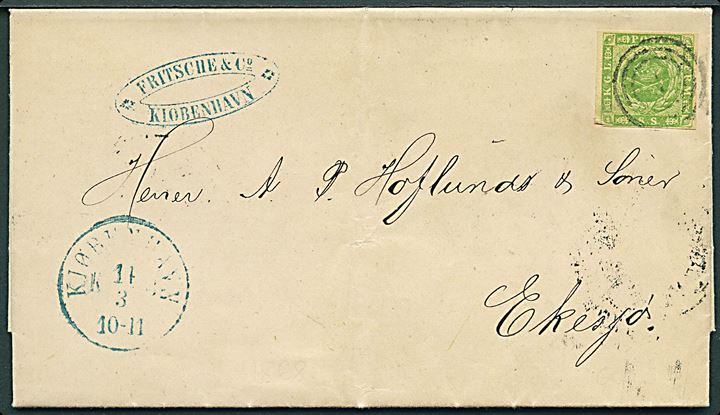 8 sk. 1857 udg. single på brev annulleret med nr.stempel 1 og sidestemplet blåt antiqua Kjøbenhavn d. 14.3.1868 via svensk bureau Södra St:Banan d. 14.3.1868 til Ekesjö, Sverige.