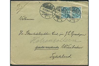 20 øre Våben i parstykke på 2. vægtkl. brev fra Nørre-Alslev d. 18.2.1896 til poste restante i Wiesbaden, Tyskland.
