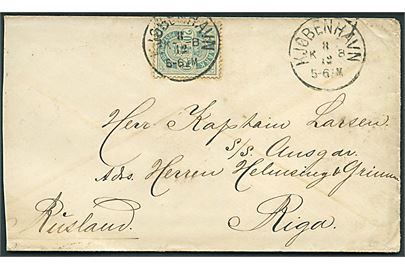 20 øre Våben på brev annulleret med lapidar Kjøbenhavn KB d. 8.12.1885 til kaptajn omborg på S/S Ansgar i Riga, Rusland.