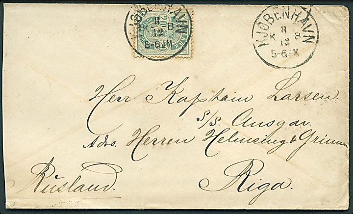 20 øre Våben på brev annulleret med lapidar Kjøbenhavn KB d. 8.12.1885 til kaptajn omborg på S/S Ansgar i Riga, Rusland.