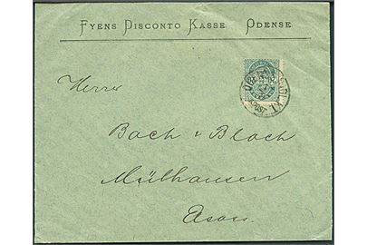 20 øre Våben på brev annulleret med Odense Indl. Kt. d. 17.8.1893 til Mühlhausen, Elsass, Tyskland.