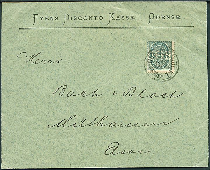 20 øre Våben på brev annulleret med Odense Indl. Kt. d. 17.8.1893 til Mühlhausen, Elsass, Tyskland.