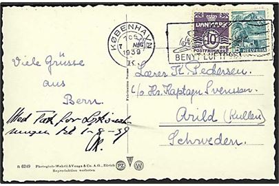Schweizisk 5 c. mærke og dansk 10 øre Bølgelinie lpå blandingsfrankeret brevkort fra Bern og stemplet København d. 7.8.1939 til Arild, Sverige.