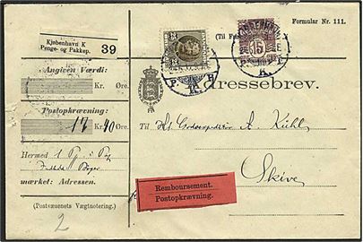 15 øre Bølgelinie og 25 øre Fr. VIII på adressebrev for pakke med opkrævning fra Kjøbenhavn d. 24.5.1912 til Skive.