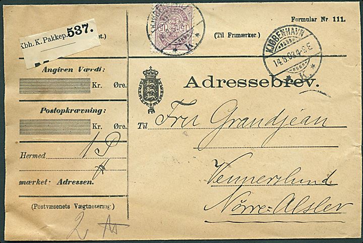 15 øre Våben single på adressebrev for pakke fra Kjøbenhavn d. 14.8.1903 til Vennerslund pr. Nørre Alslev.