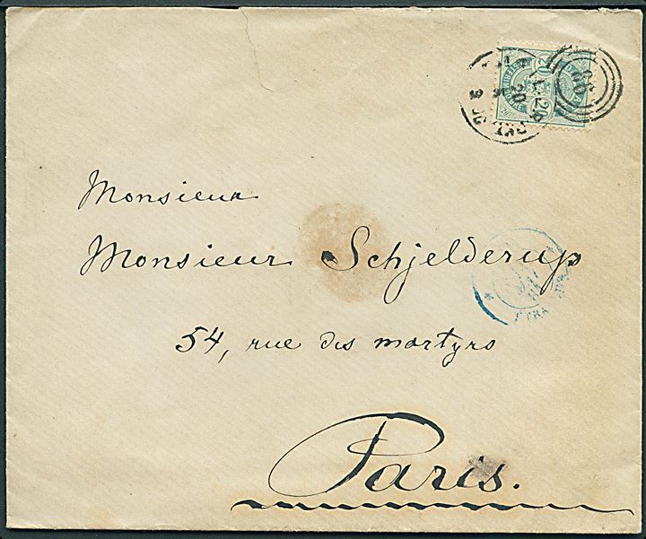 20 øre Våben på brev annulleret med kombineret nr.stempel 86/Sjæll:JB:PKT: d. 20.5.1884 til Paris, Frankrig.