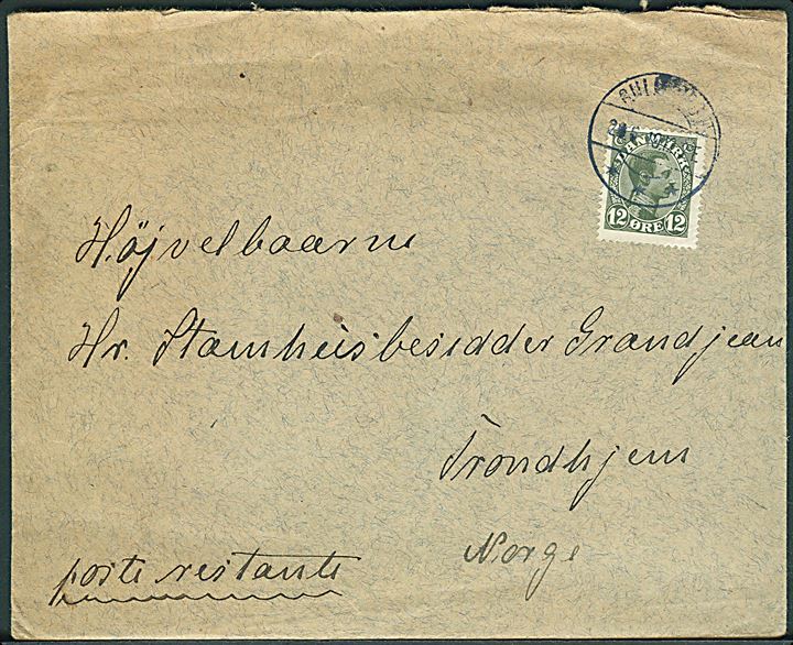 12 øre Chr. X single på brev annulleret med brotype IIa Guldborg F. d. 20.6.1919 til poste restante i Trondhjem, Norge.