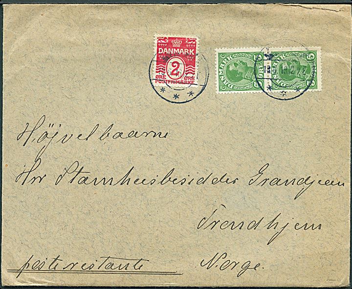 2 øre Bølgelinie og 5 øre Chr. X i parstykke på 12 øre frankeret brev stemplet Guldborg F. d. 18.6.1919 til poste restante i Trondhjem, Norge.