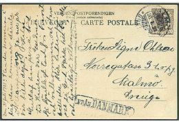 20 øre Chr. X på brevkort fra København annulleret med svensk stempel i Malmö d. 30.8.1923 og sidestemplet Från Danmark til Malmö, Sverige.