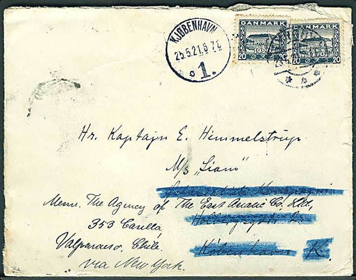 20 øre Genforening (2) på brev fra Lyngby d. 23.5.1921 til kaptajn ombord på M/S Siam via rederiet Ø.K. i København - eftersendt til Valparaiso, Chile. 