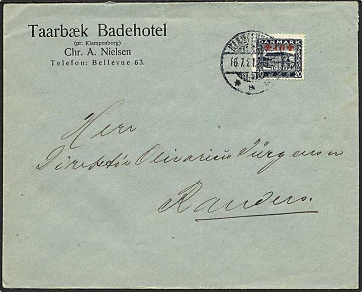 20+10 øre Røde Kors provisorium single på brev fra Klampenborg d. 16.7.1921 til Randers.