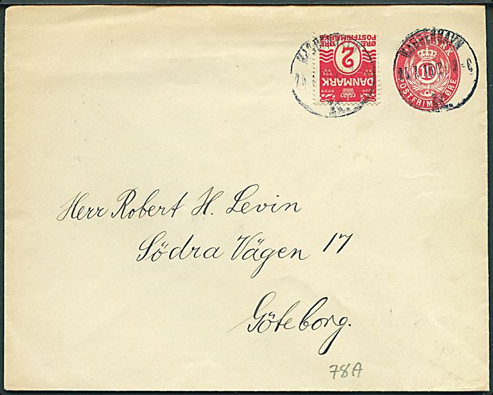 10 øre helsagskuvert opfrankeret med 2 øre Bølgelinie fra Kjøbenhavn d. 25.7.1918 til Göteborg, Sverige.
