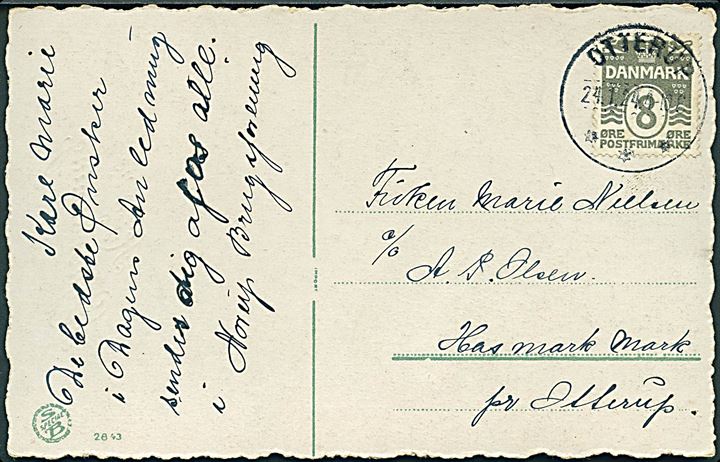 8 øre Bølgelinie på lokalt brevkort fra Norup Brugsforretning annulleret med brotype IIIb Otterup d. 24.1.1924 til Hasmark Mark pr. Otterup.