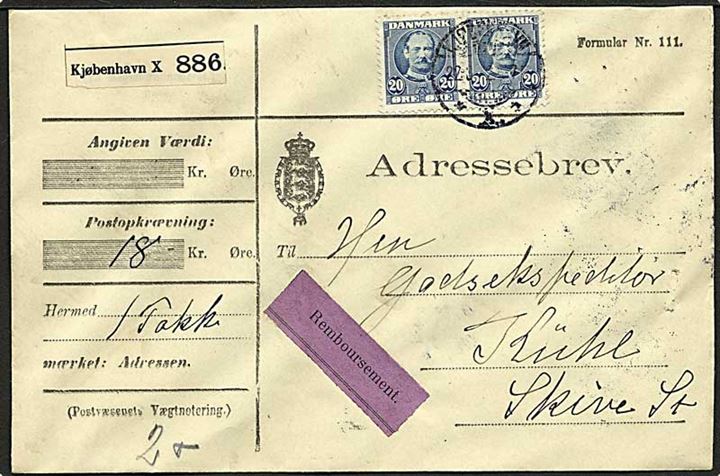 20 øre Fr. VIII ultramarine i parstykke på adressebrev for pakke med opkrævning fra Kjøbenhavn X d. 22.3.1912 til Skive.