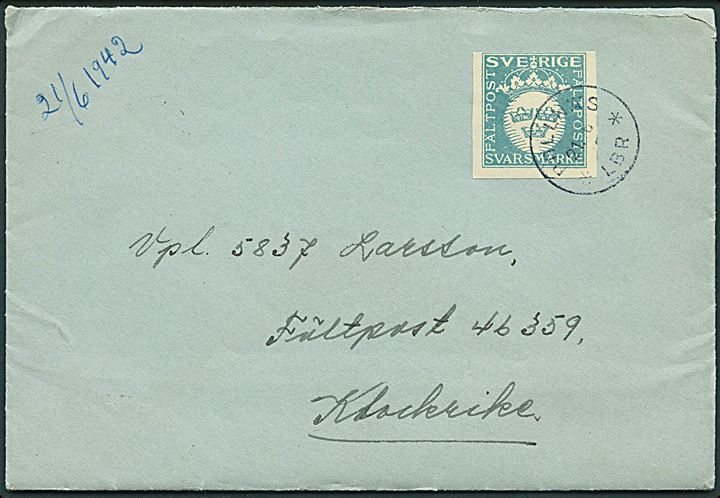 Fältpost Svarmärke på brev fra Bollnäs d. 21.6.1942 til soldat ved Fältpost no. 46359, Klockrike.