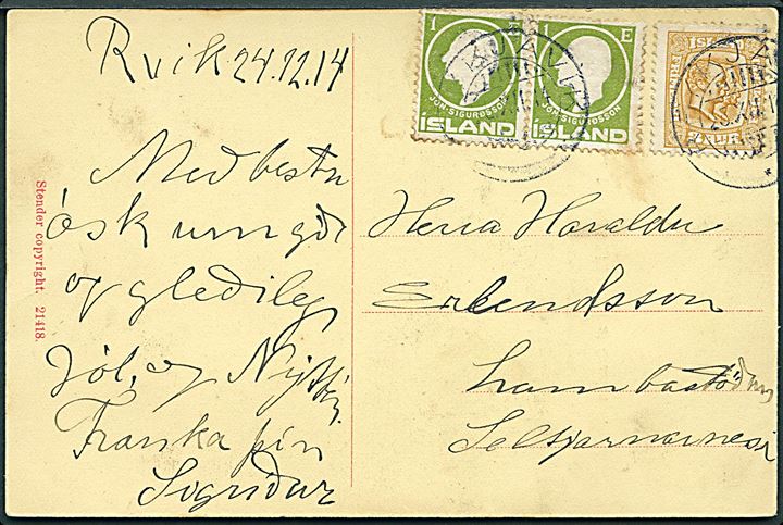 1 eyr Sigurdsson i parstykke og 3 aur To Konger på brevkort fra Reykjavik d. 25.12.1914.