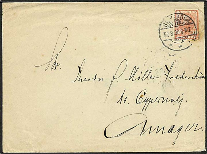 10 øre Fr. VIII helsagsafklip som frankering på brev fra Svendborg d. 22.8.1908 til København.