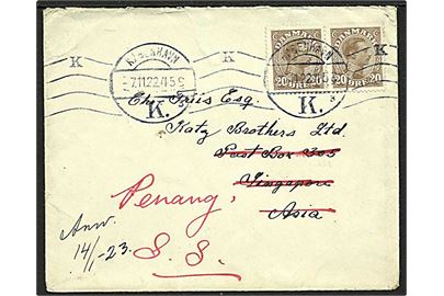 20 øre Chr. X i parstykke på brev fra København K. d. 7.11.1922 til Singapore - eftersendt til Penang, Straits Settlements. Transit-stempler på bagsiden. God Destination.