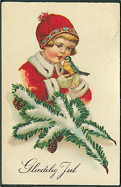 Glædelig Jul. Pige iført rød jakke og hat, har en fugl på hånden. HWB serie 2472. 