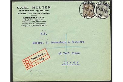 20 øre og 50 øre Chr. X på anbefalet brev fra Kjøbenhavn 2 d. 12.1.1924 til Leeds, England.