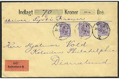 15 øre Chr. X på 45 øre frankeret værdibrev fra Kjøbenhavn/**/K d. 26.7.1920 til Dianalund.