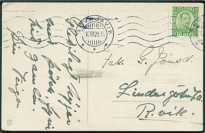 10 aur Chr. X på lokalt brevkort i Reykjavik d. 21.12.1921.