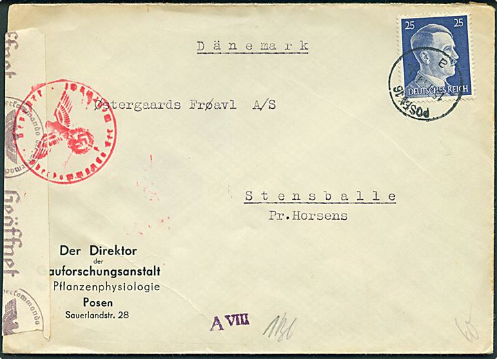 15 pfg. Hitler på brev fra Posen d. 15.6.1944 til Stensballe pr. Horsens, Danmark. Åbnet af tysk censur i Hamburg.