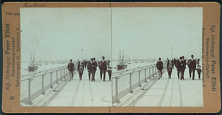 København. Langelinie med skibe i baggrunden. Fotograf Peter Elfelt stereokort fra perioden 1901-05.