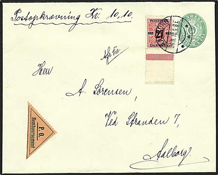 5 øre helsagskuvert opfrankeret med 27/7 øre provisorium sendt som lokalt brev med opkrævning i Aalborg d. 30.11.1918.