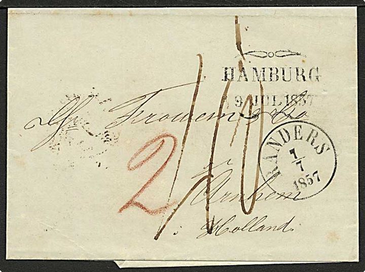1857. Portobrev med antiqua stempel Randers d. 7.7.1857 via Hamburg til Arnhem, Holland. På bagsiden transitstemplet K.D.O.P.A. Hamburg og ank.stemplet Arnhem d. 10.7.1857.