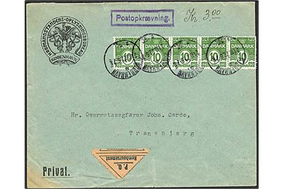 10 øre Bølgelinie i 5-stribe på brev med postopkrævning fra København K. d. 21.10.1922 til Tranebjerg.