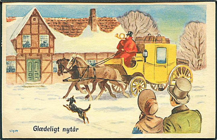 Vilhelm Hansen: Glædeligt Nytår. Postdiligencen ankommer. Stenders, serie 653. (Knæk i kortet). 