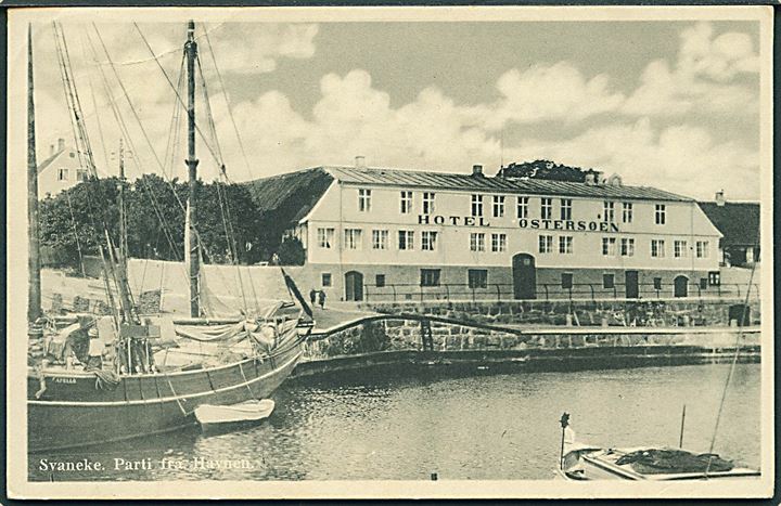 Parti fra Havnen med Hotel Østersøen i Svaneke, Bornholm. Rudolf Olsens Kunstforlag no. 3345. 