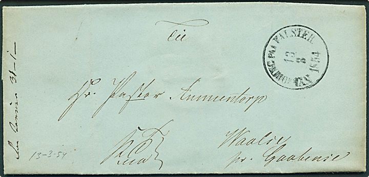 1854. Tjenestebrev fra Lolland-Falsters Stift mærket K.T.m.a med antiqua Nykjøbing paa Falster d. 13.3.1854 til Waalse pr. Gaabense.