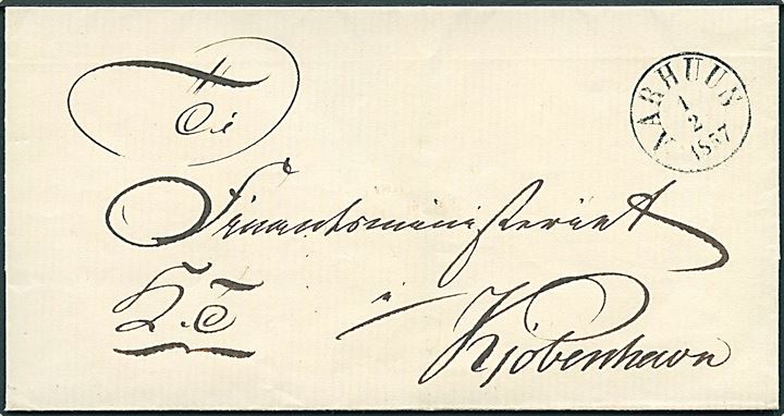 1857. Tjenestebrev fra Aarhus Stiftsøvrighed med antiqua Aarhus d. 1.2.1857 til Finansministeriet i Kjøbenhavn.