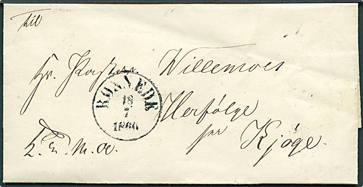 1860. Tjenestebrev mærket K.T.M.A. fra Præstø med antiqua Rønnede d. 18.7.1860 via Kjøge til Herfølge pr. Kjøge.